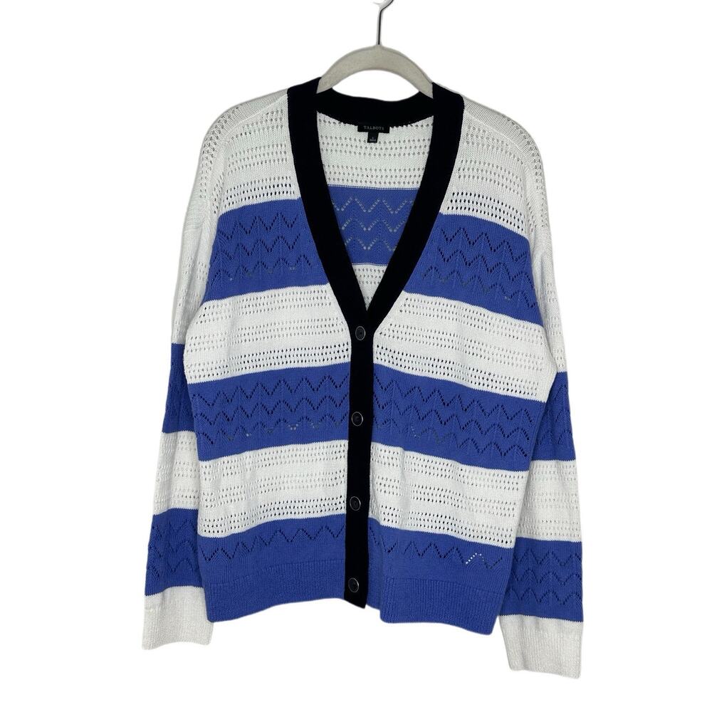 Talbots Women’s Blue White Cotton Linen Coastal Button Cardigan Size Large